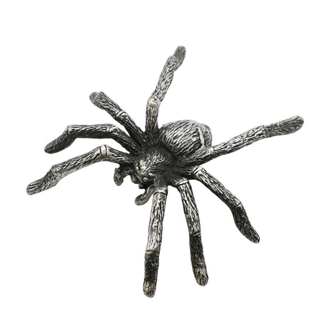 English-made pewter spider figurine ornament with eight textured legs, front top view