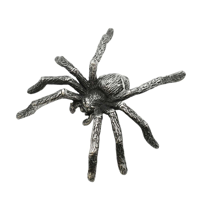 English-made pewter spider figurine ornament with eight textured legs, front top view