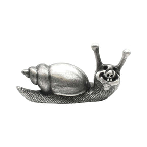 English made pewter smiling snail figurine ornament front view with raised eye stalks and spiral shell