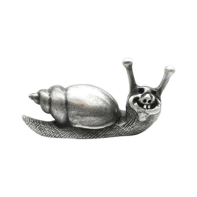 English made pewter smiling snail figurine ornament front view with raised eye stalks and spiral shell