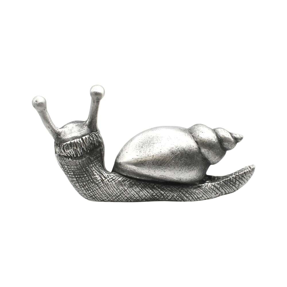 Back view of English made pewter snail ornament showing the finely sculpted shell and textured body