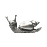 Back view of English made pewter snail ornament showing the finely sculpted shell and textured body