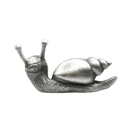 Back view of English made pewter snail ornament showing the finely sculpted shell and textured body