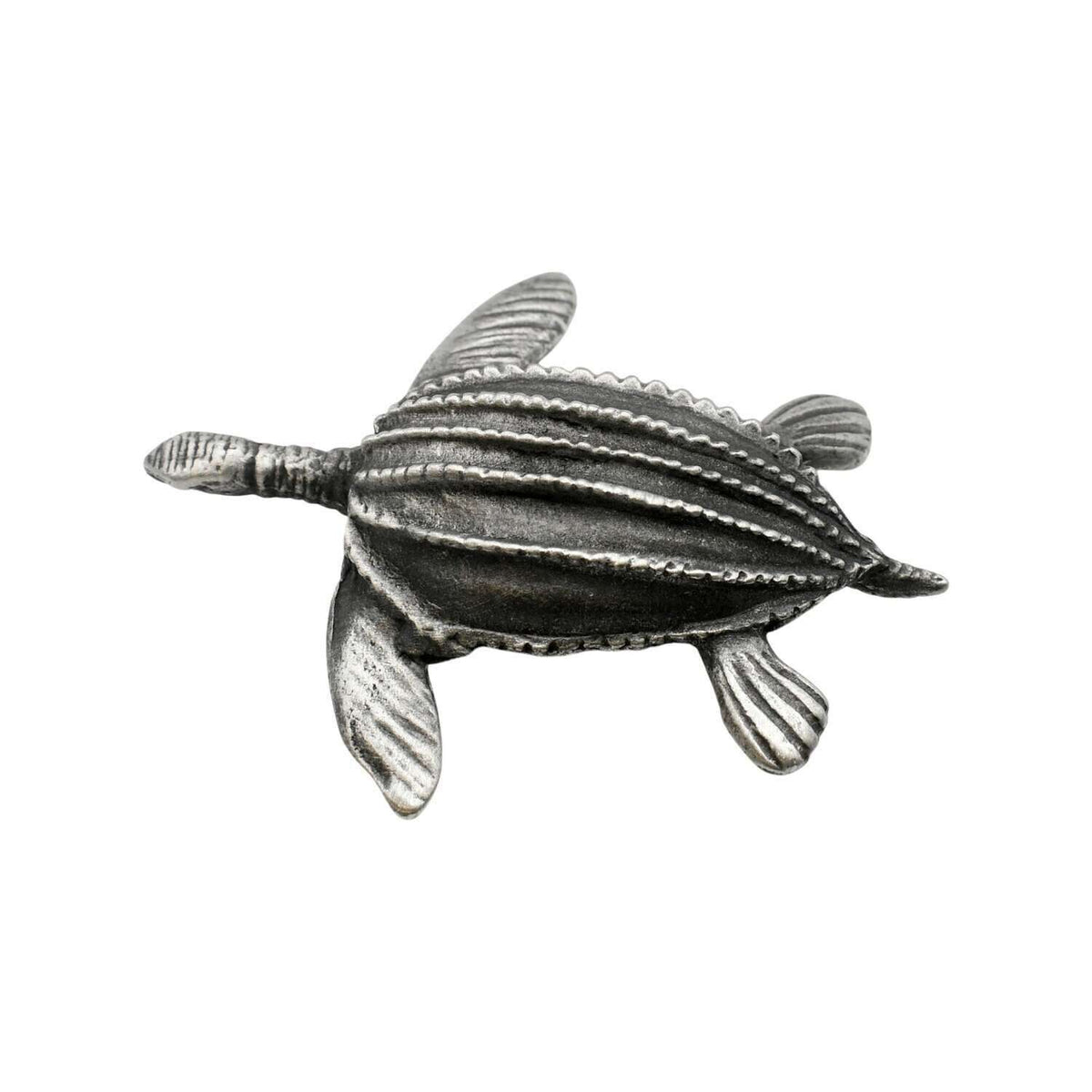 English-made pewter sea turtle ornament with ridged shell, four detailed flippers and tail, first view