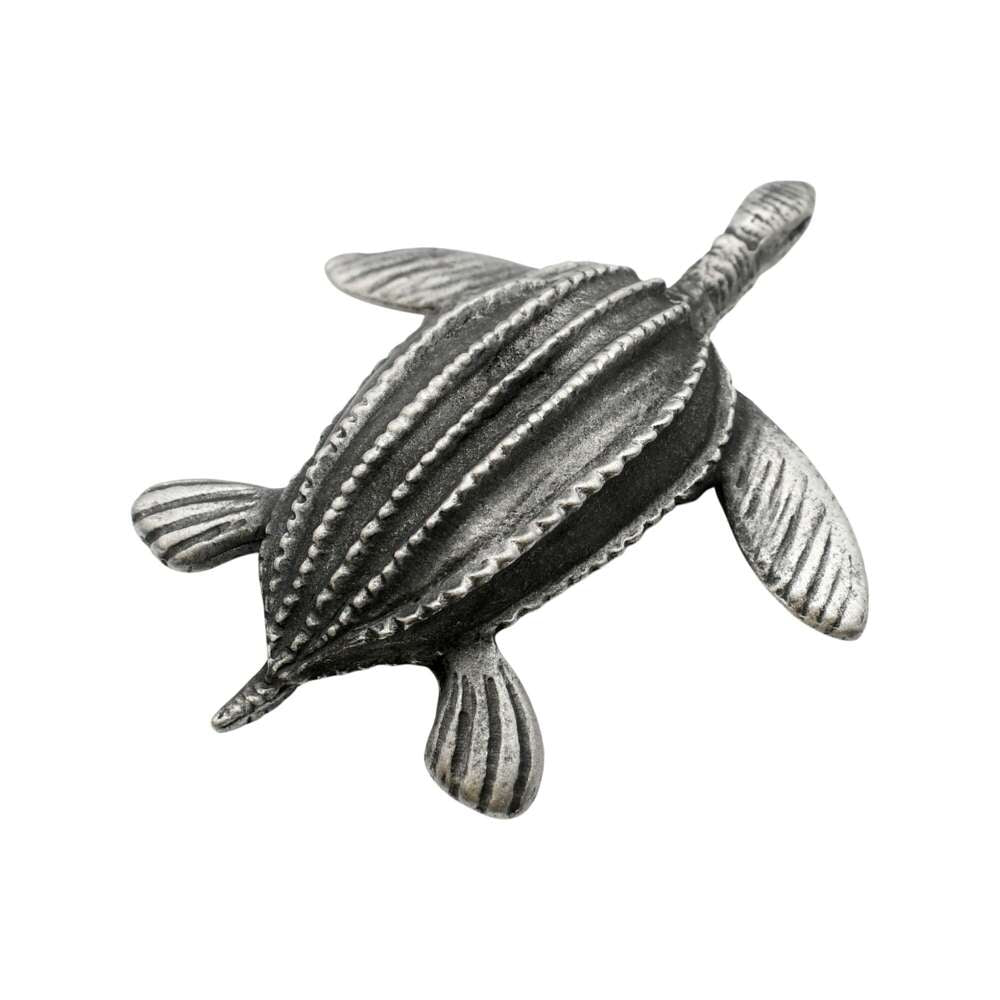 Alternate view of English-made pewter sea turtle figurine showing sculpted shell and swimming flippers