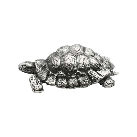 English-made pewter tortoise figurine ornament, side view showing sculpted shell and detailed feet
