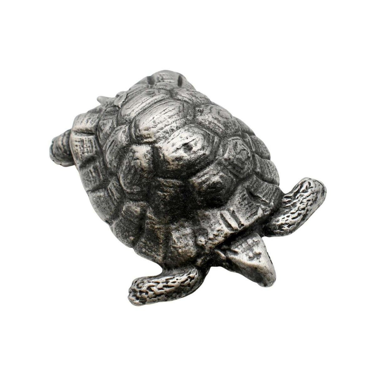 English-made pewter tortoise figurine ornament, three-quarter view of textured domed shell, head and feet