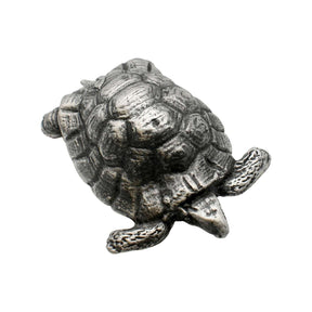 English-made pewter tortoise figurine ornament, three-quarter view of textured domed shell, head and feet