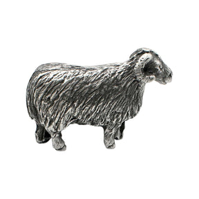 English-made pewter ram figurine ornament, standing ram with curled horns and sculpted fleece, first side
