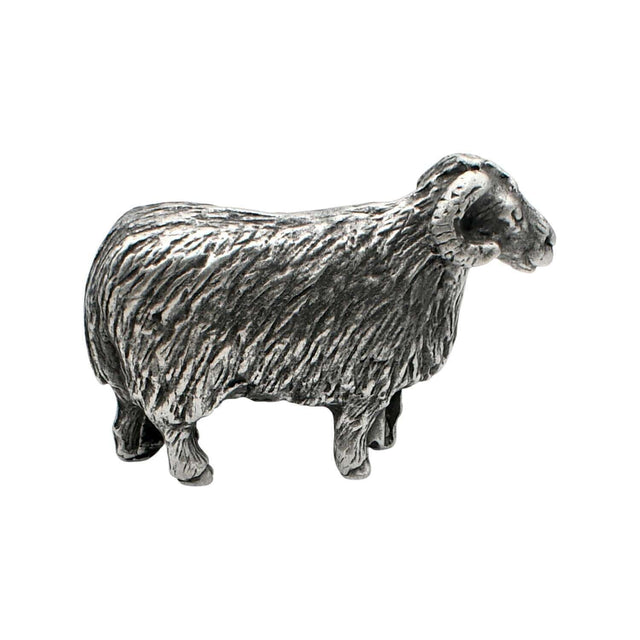 English-made pewter ram figurine ornament, standing ram with curled horns and sculpted fleece, first side