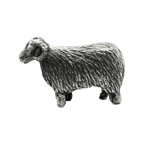 Opposite side view of English-made pewter ram figurine ornament showing textured wool and curved horns