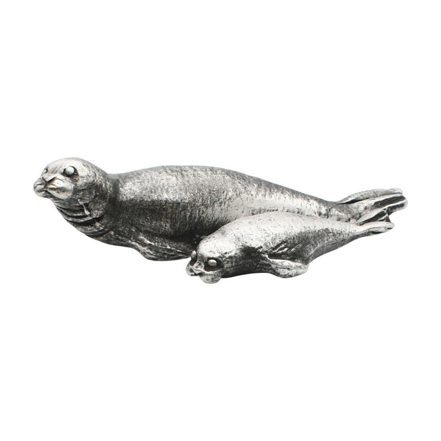 English-made pewter seal pup ornament showing a larger seal and smaller pup resting together, first view