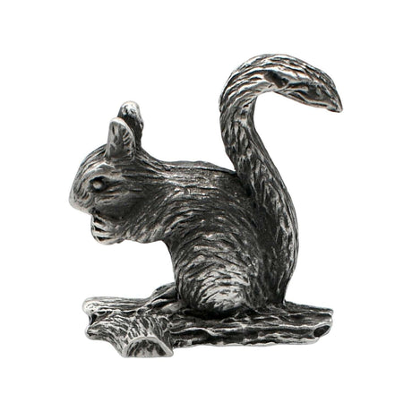 English-made pewter squirrel figurine ornament perched on a branch with upright bushy tail, first side view