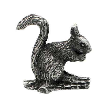 Opposite side of English-made pewter squirrel ornament with textured fur and curved tail on branch