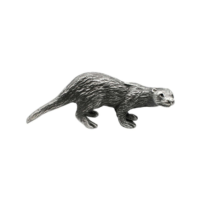English-made pewter otter figurine ornament in walking pose showing long tail and textured fur, first side