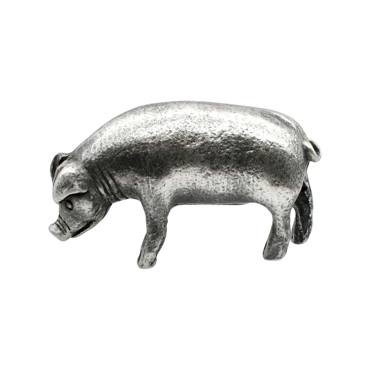 English-made pewter large pig figurine ornament, side view with rounded body, floppy ear and curled tail