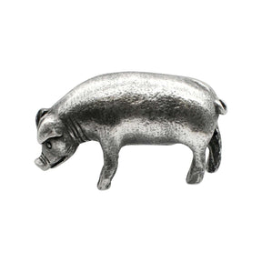 English-made pewter large pig figurine ornament, side view with rounded body, floppy ear and curled tail