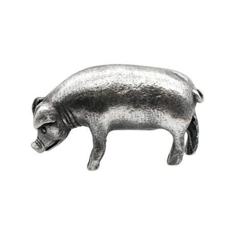 English-made pewter large pig figurine ornament, side view with rounded body, floppy ear and curled tail