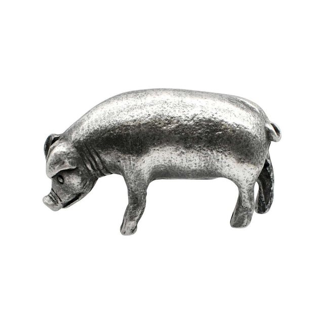 English-made pewter large pig figurine ornament, side view with rounded body, floppy ear and curled tail