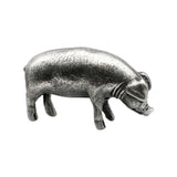 Opposite side view of English-made pewter large pig ornament showing snout, ears and four legs