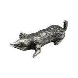 English-made pewter mole figurine ornament with detailed textured fur, pointed snout and broad digging paws, first view