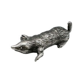 English-made pewter mole figurine ornament with detailed textured fur, pointed snout and broad digging paws, first view