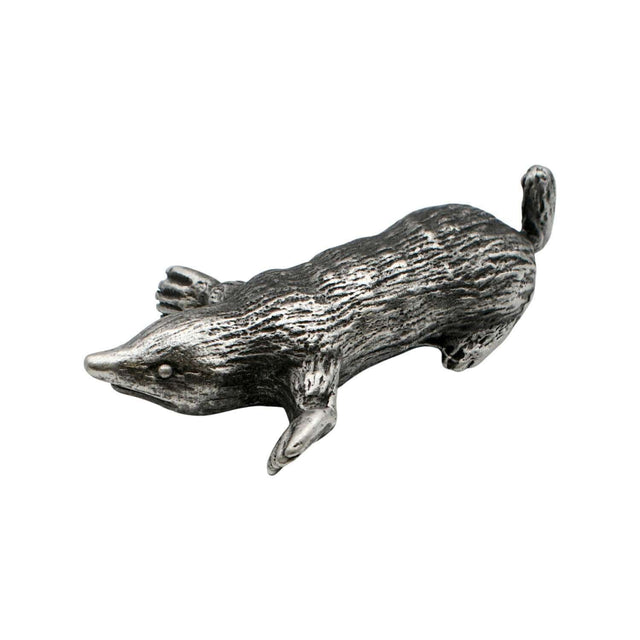 English-made pewter mole figurine ornament with detailed textured fur, pointed snout and broad digging paws, first view