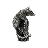 English-made pewter dormouse figurine perched on tree stump with little paws and curled tail, first side view