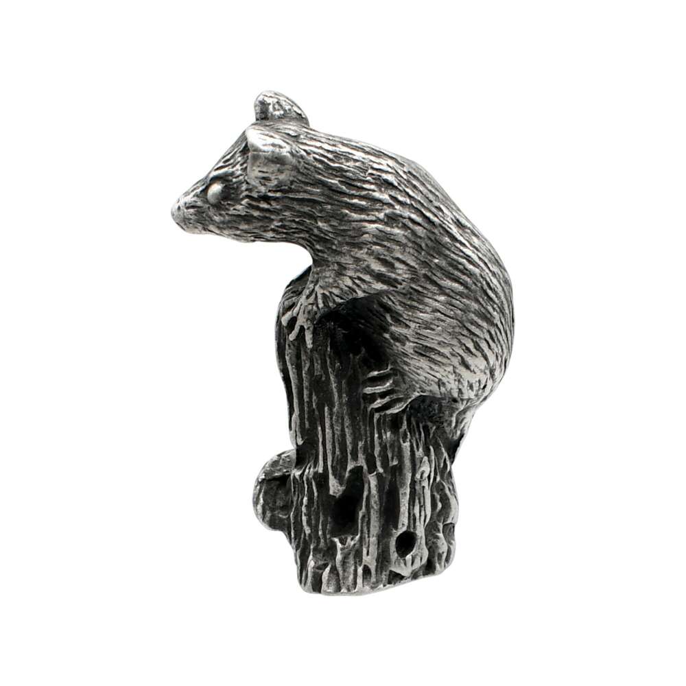 English-made pewter dormouse ornament reverse view, showing sculpted fur, tree stump and curled tail