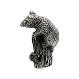 English-made pewter dormouse ornament reverse view, showing sculpted fur, tree stump and curled tail