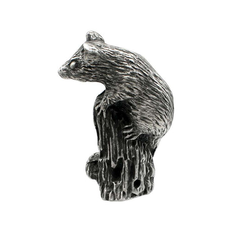 English-made pewter dormouse ornament reverse view, showing sculpted fur, tree stump and curled tail