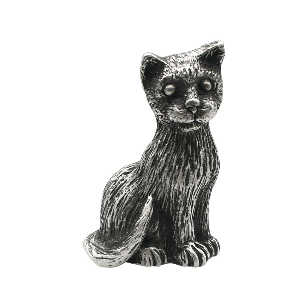 English made pewter Large Cat figurine ornament – seated cat front view XCSORN065