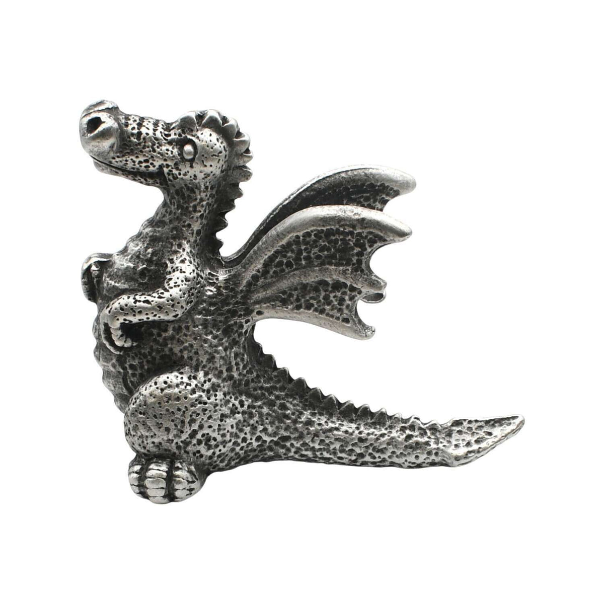 English made pewter sitting dragon figurine ornament – textured wings and long tail front view XCSORN067