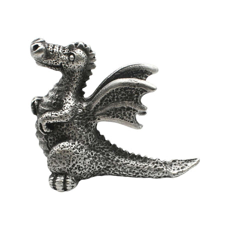 English made pewter sitting dragon figurine ornament – textured wings and long tail front view XCSORN067