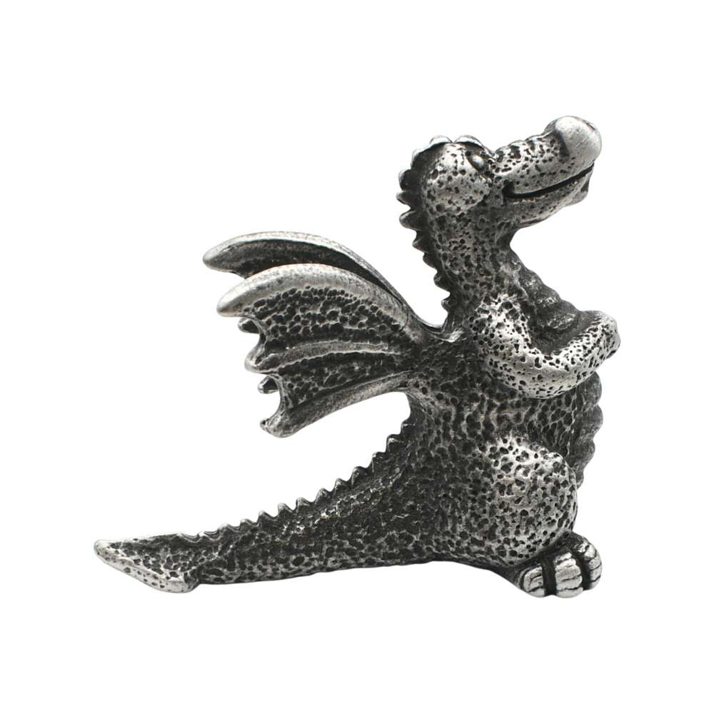 English made pewter sitting dragon figurine ornament – reverse view with wings and scales XCSORN067