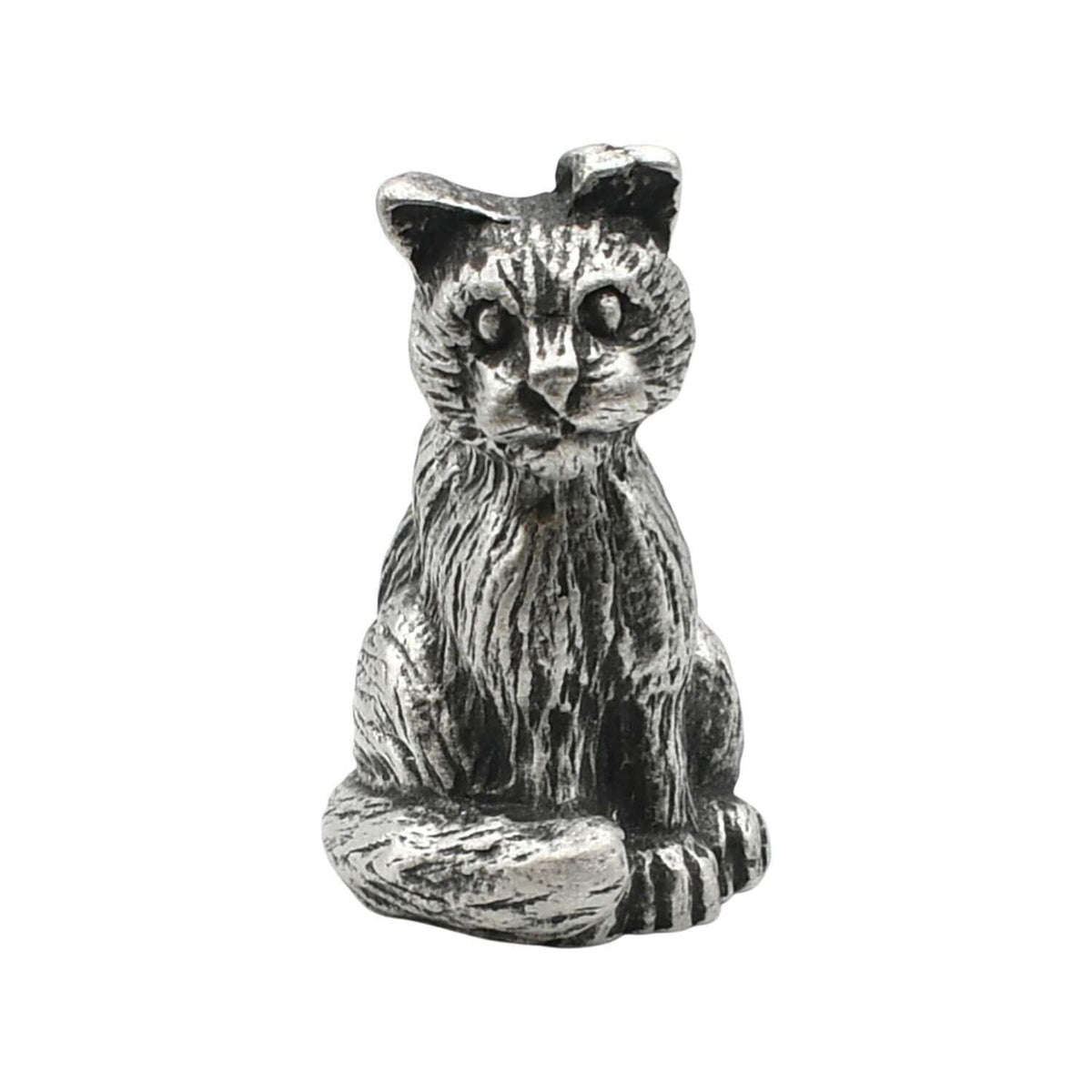 English made pewter small cat seated figurine ornament front view XCSORN069