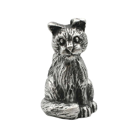 English made pewter small cat seated figurine ornament front view XCSORN069