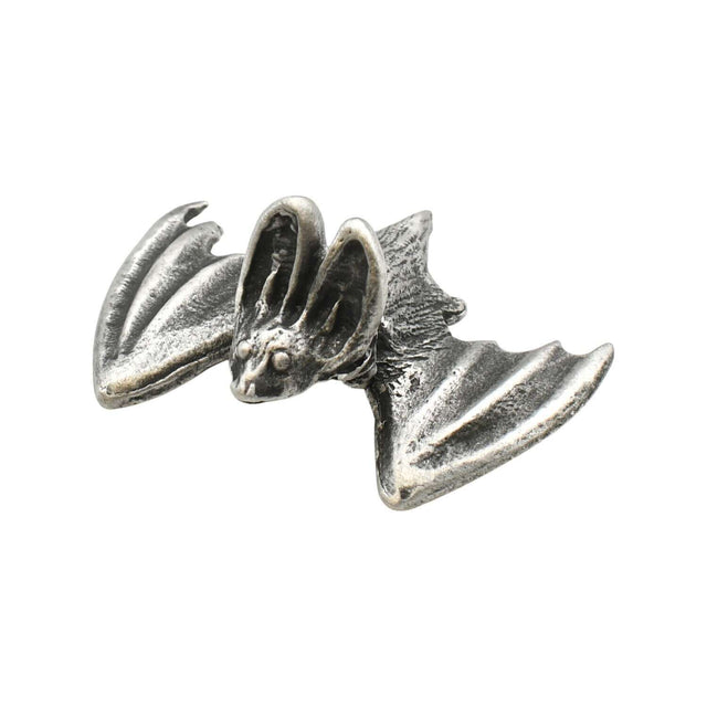 English made pewter bat figurine with wings spread wide, front view XCSORN070