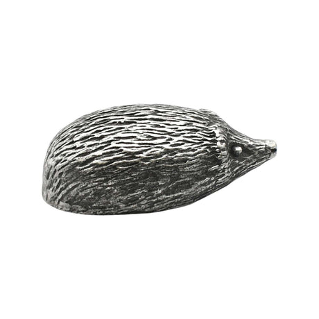 English made pewter hedgehog figurine ornament with textured spines, side profile XCSORN071