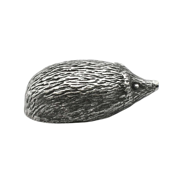 English made pewter hedgehog figurine ornament with textured spines, side profile XCSORN071