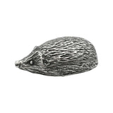 English made pewter hedgehog ornament opposite side profile showing pointed nose and detailed spines XCSORN071