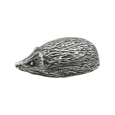 English made pewter hedgehog ornament opposite side profile showing pointed nose and detailed spines XCSORN071