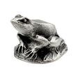 English made pewter frog figurine ornament crouching on textured base front view XCSORN072