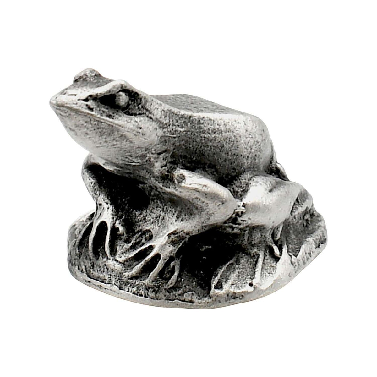 English made pewter frog figurine ornament crouching on textured base front view XCSORN072