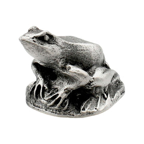 English made pewter frog figurine ornament crouching on textured base front view XCSORN072