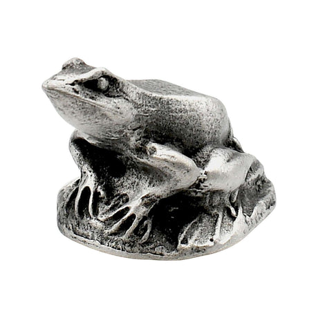 English made pewter frog figurine ornament crouching on textured base front view XCSORN072