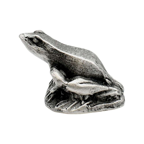 English made pewter frog ornament with sculpted feet and raised eyes, alternate view XCSORN072