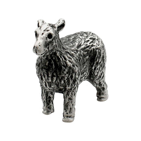 English made pewter farm yard sheep figurine ornament standing with textured fleece, front three-quarter view XCSORN074