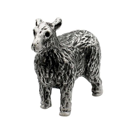 English made pewter farm yard sheep figurine ornament standing with textured fleece, front three-quarter view XCSORN074