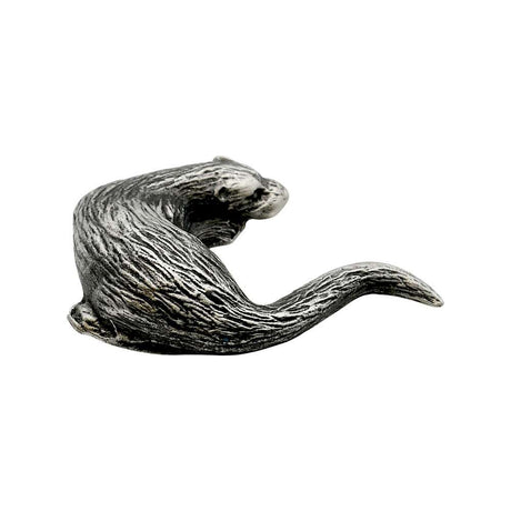 English-made pewter sleeping otter figurine ornament, alternate side showing long curved tail XCSORN075